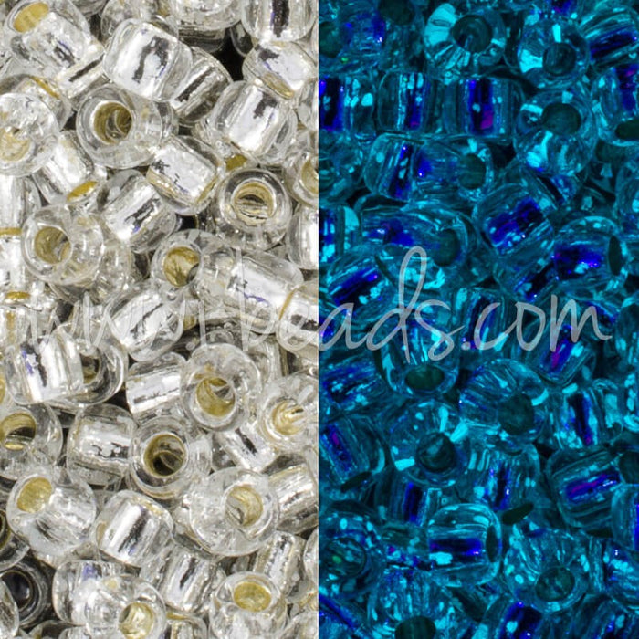 Vente en gros ccPF2701S perles de rocaille Toho 11/0 Glow in the dark silver-lined crystal/glow blue permanent finish (10g)