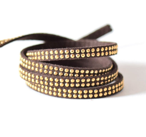 Buy Swedish studded two rows 5x2mm brown coconut with golden rhinestone - Swedish cord sold by meter