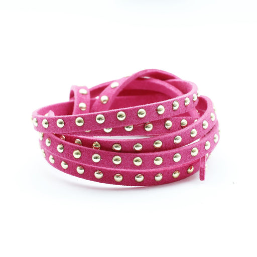 Buy suede studded 4.5x2mm cherry pink with golden rhinestones - suede cord per metre