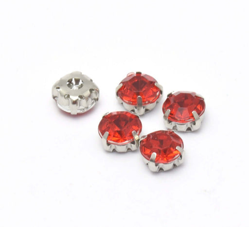 Vente en gros 5 perles strass rond rouge sertis 8x8x6 mm, Trou: 1 à 1.5 mm à coudre ou coller Strass en acrylique