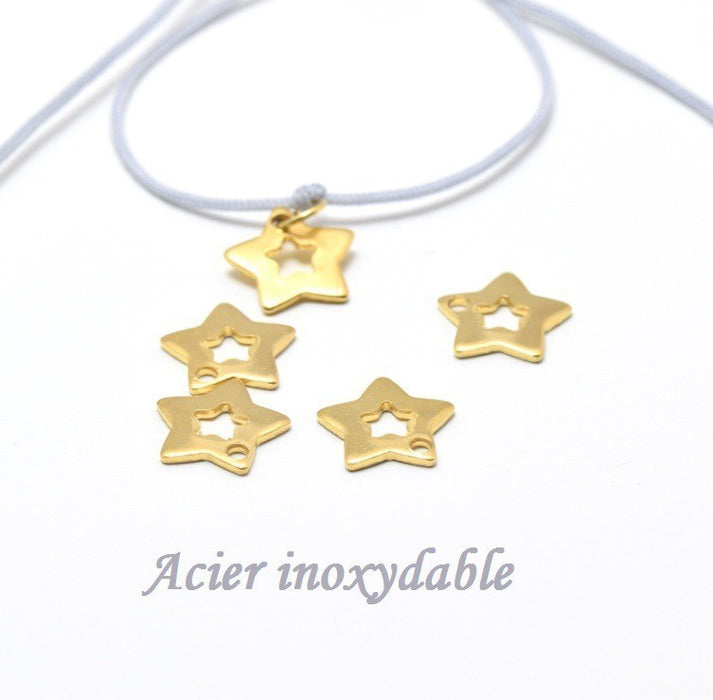 Achat en gros X 4 fines perles breloque étoiles acier OR 11x12x1 mm, Trou: 1.5 mm Acier Inoxydable Apprèts bijoux par 4