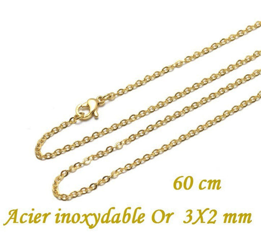 Acheter chaine fine collier complet 60 cm en acier inoxydable or, 2 mm avec fermoir, or ideal pour des pendentif, sautoir