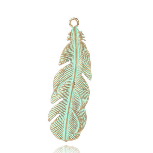 Buy 1 feather pendant in green gold bronze of grey 59x18x1.5 mm, Hole: 2.5 mm for jumper.