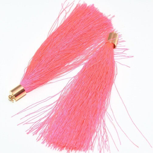 Acheter au détail 1 pompon fil rose fluo doré avec embout et anneau. Taille 10 cm pour bijoux, couture ou déco de sacs,