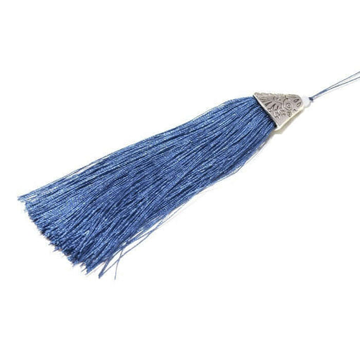 Buy 1 steel blue pompom and antique silver tip. Size 10 cm (110x20x11 mm) - for jewelry, sewing or decoration bags, cushions,...