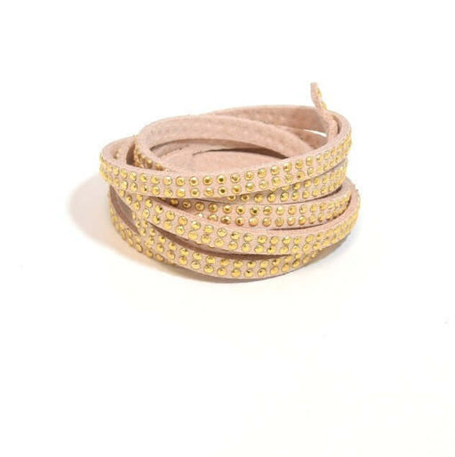 Buy 1m suede studded 2 rows 5x2mm beige flesh with golden rhinestones 2 rows- suede cord sold by meter