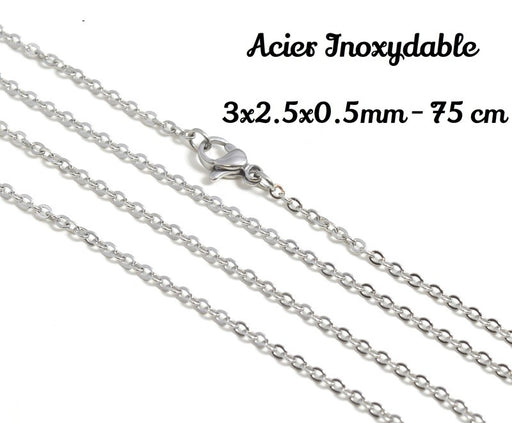 Acheter grand collier 75 cm en acier inoxydable inox platine, 3x2.5x0.5mm mm avec fermoir