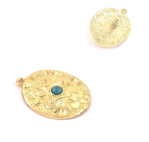Buy Pendant Oval Charm Arabesque Gold Plated Metal 29mm With Cabochon Turquoise Resin 4mm (1)
