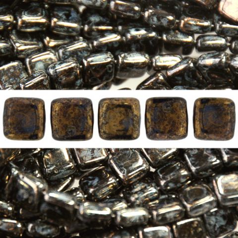 Pearls 2 holes CzechMates tile jet bronze picasso 6mm (50)